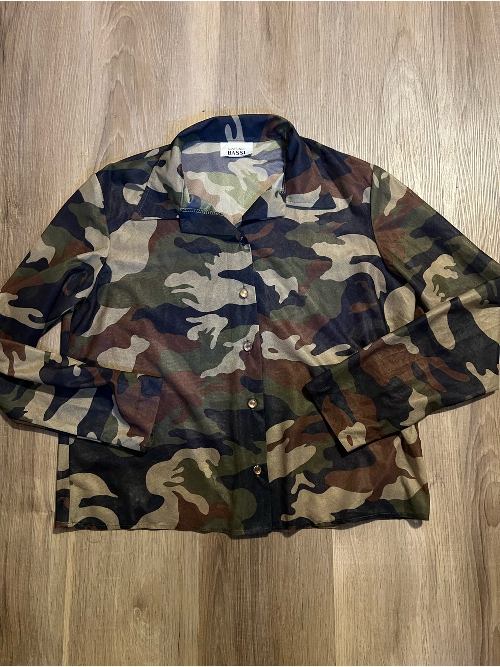 Vintage Gianfranco Bassi Sheer camouflage Polyester Long Sleeve Button-Up Sz lg